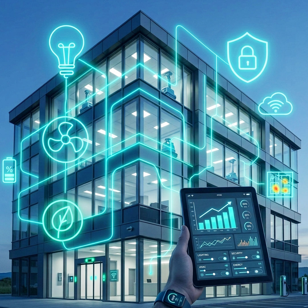 Building Management System BMS - Smart commercial building with centralized control for HVAC, lighting, security and energy